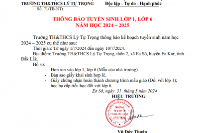 THÔNG BÁO TUYỂN SINH LỚP 1, LỚP 6 NĂM HỌC 2024 – 2025